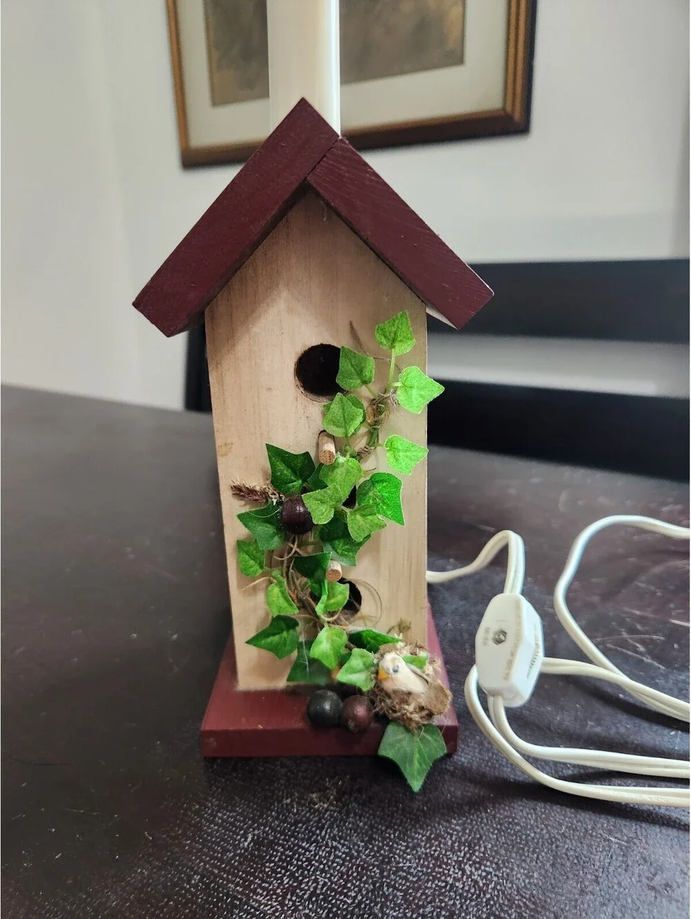 Wood Birdhouse Novelty Table Lamp Painted Brown, Corded Switch, White Cord